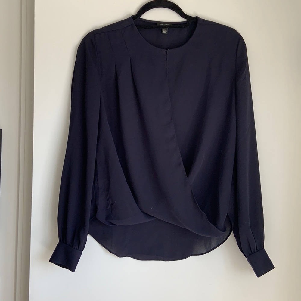 Ann Taylor Navy Blue Sheer Top with Clasp